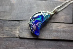 Blue and Green Fused Glass Crescent Moon Pendant with Sterling Silver Wire Wrapping