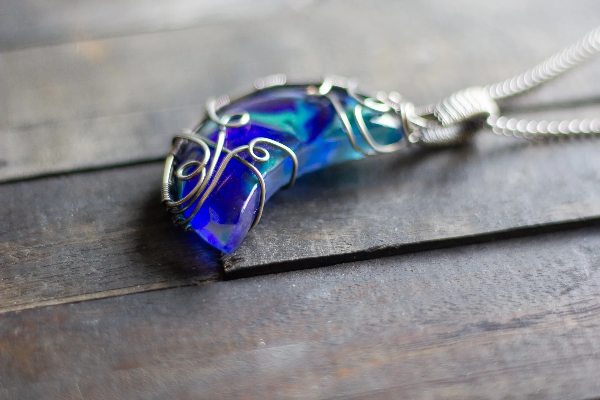 Blue and Green Fused Glass Crescent Moon Pendant with Sterling Silver Wire Wrapping