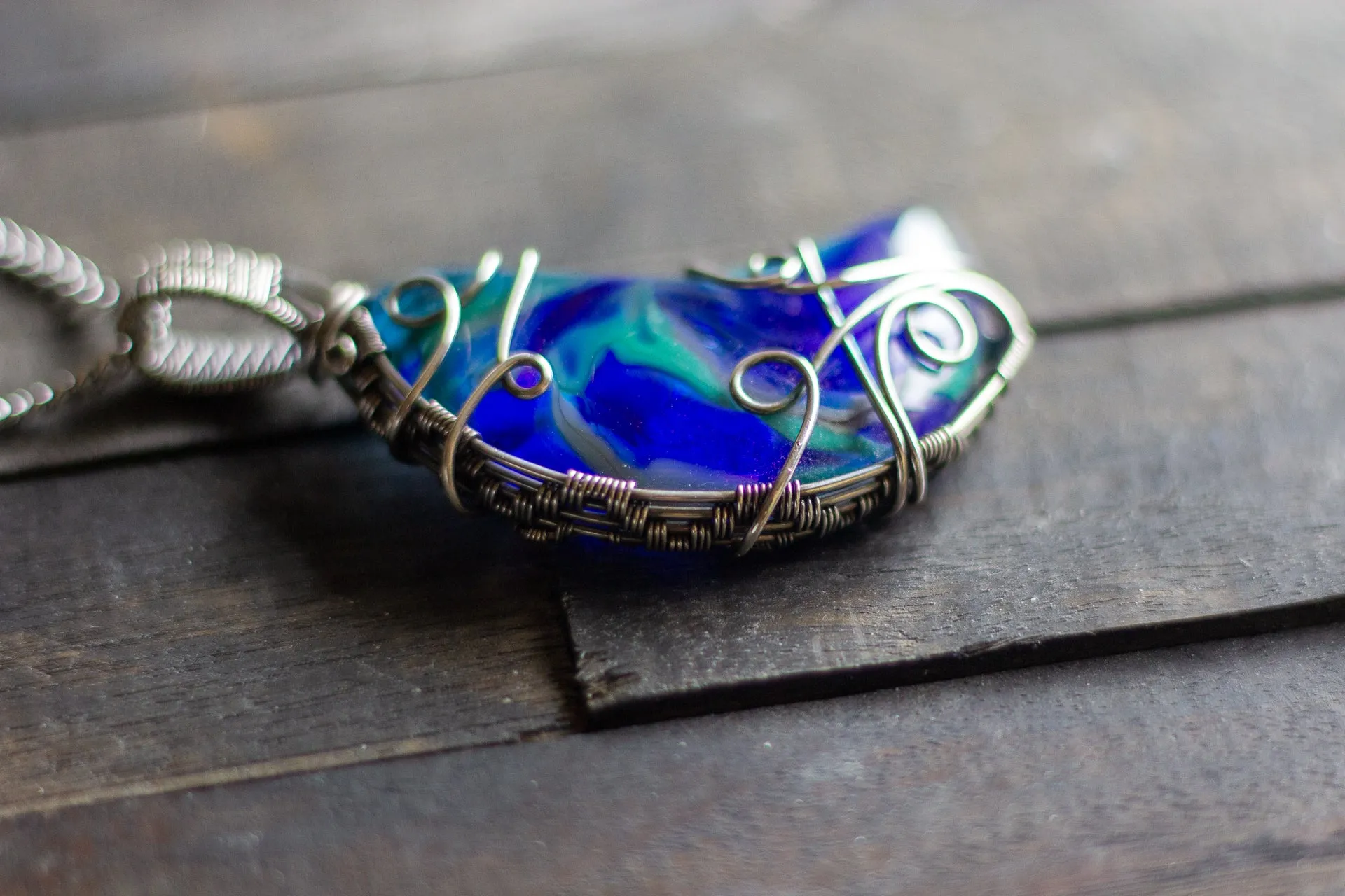Blue and Green Fused Glass Crescent Moon Pendant with Sterling Silver Wire Wrapping
