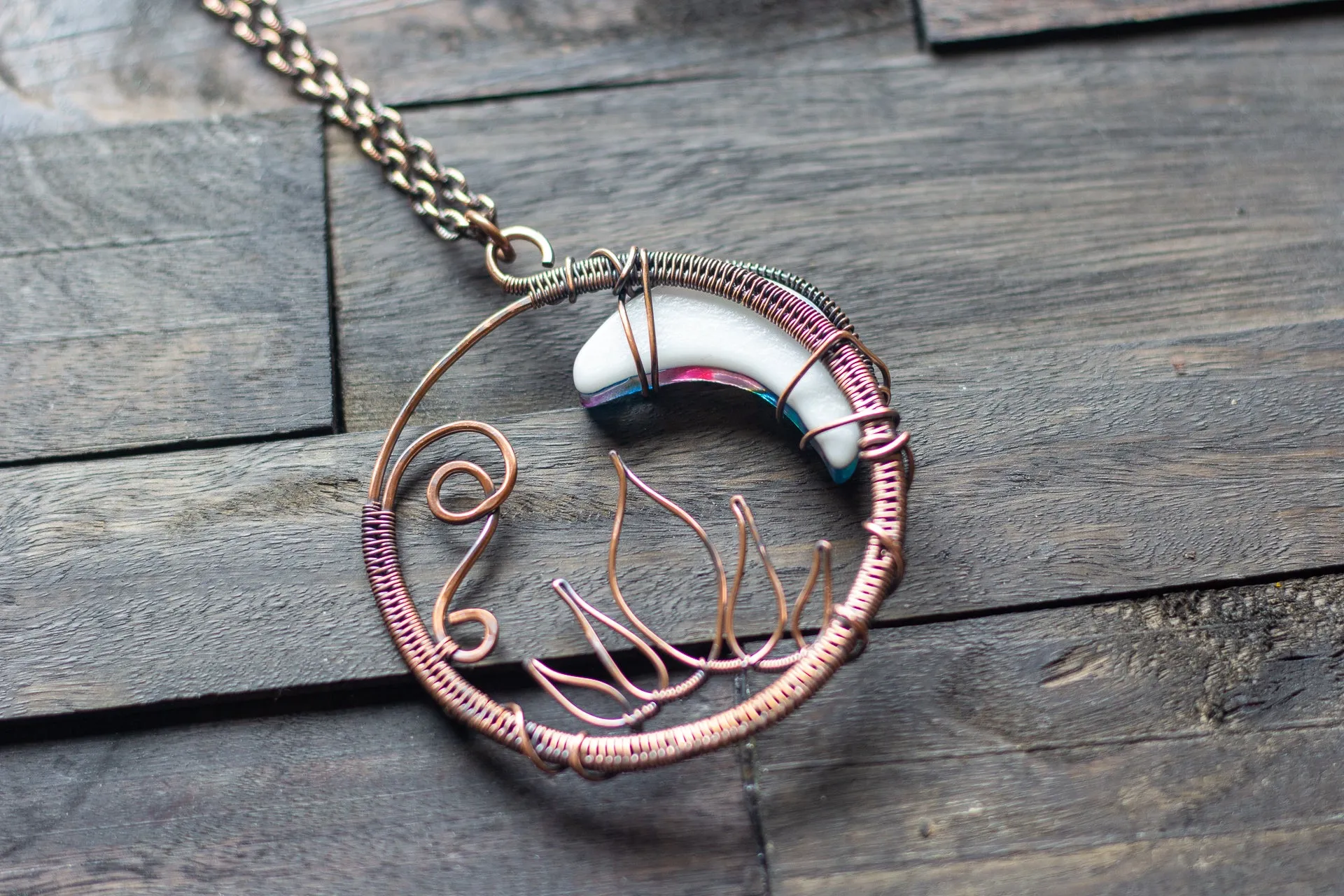 Blue and Pink Moon Pendant with Copper Wire Wrapping