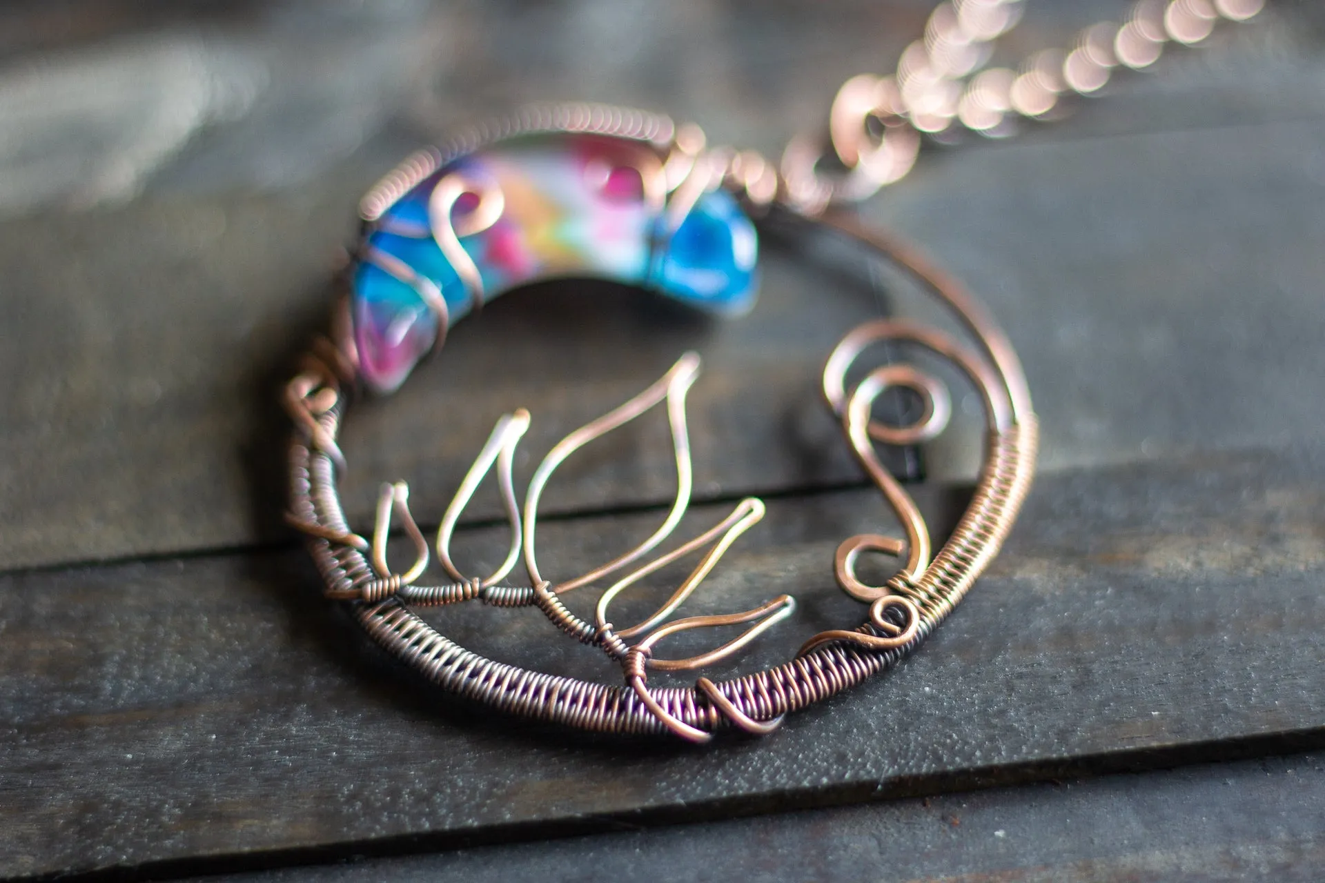 Blue and Pink Moon Pendant with Copper Wire Wrapping