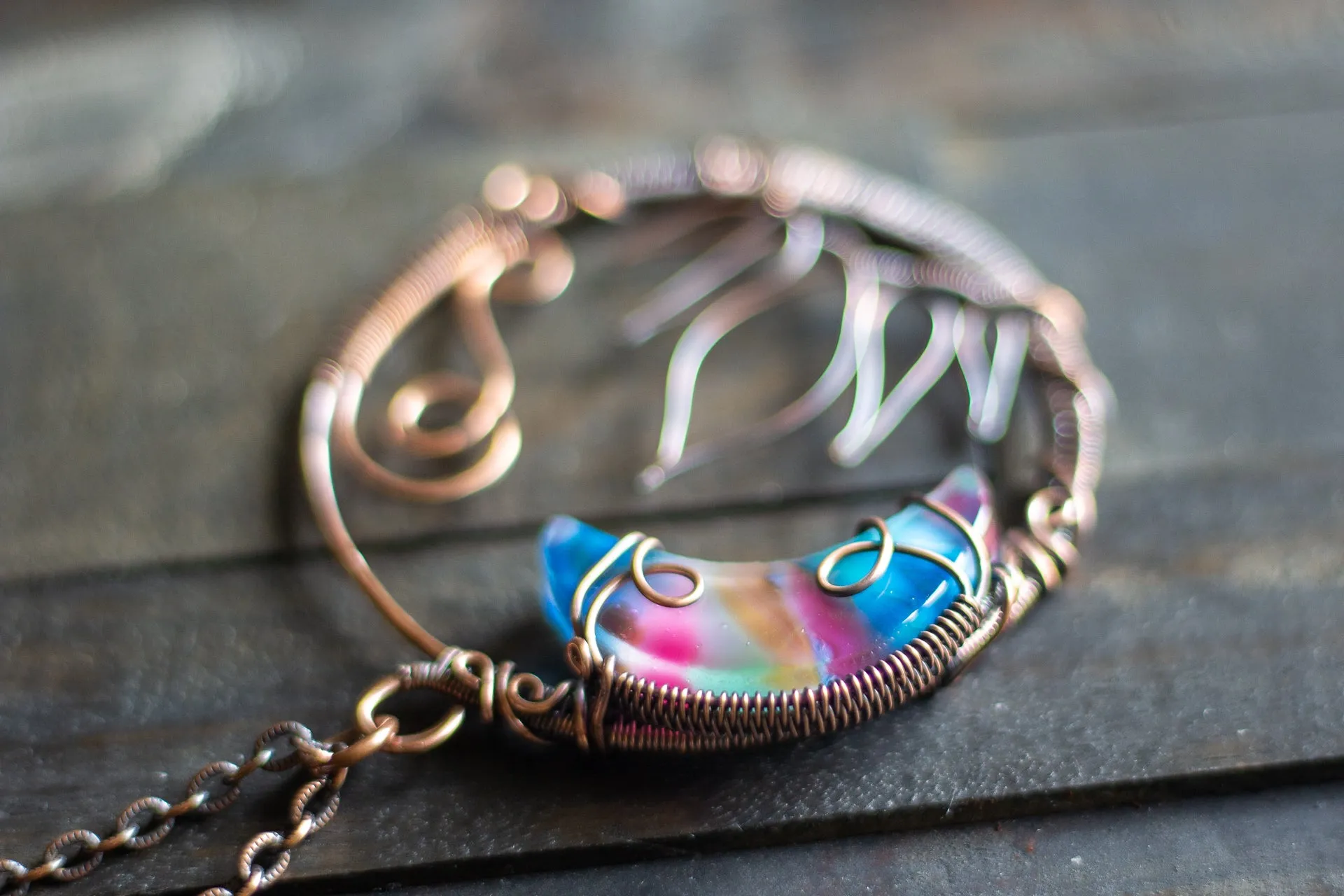 Blue and Pink Moon Pendant with Copper Wire Wrapping