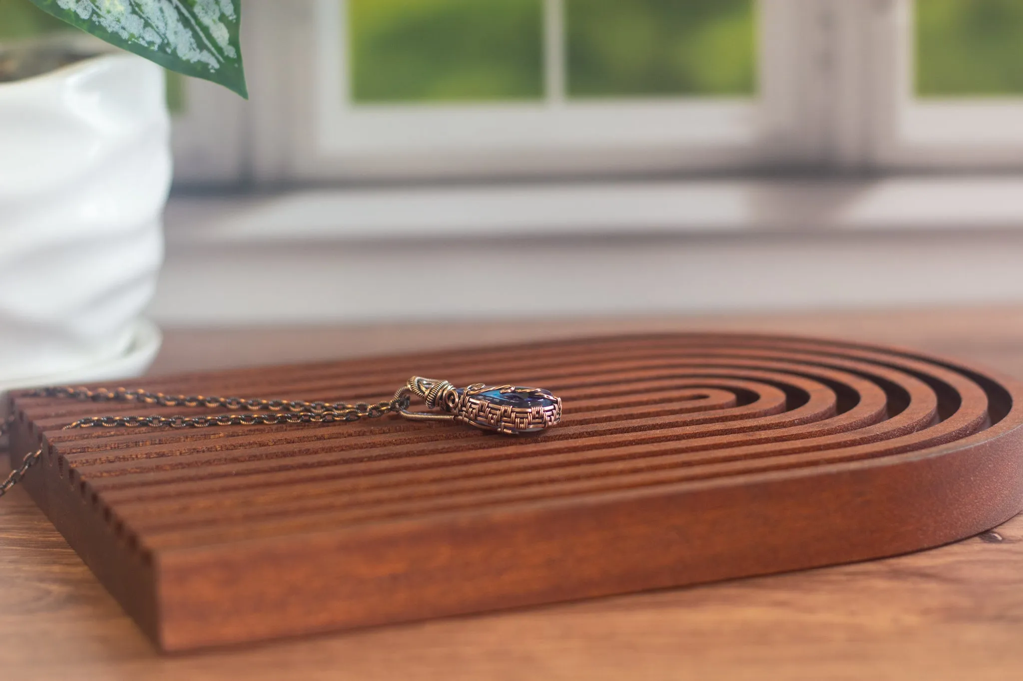 Blue and Purple Fused Glass Teardrop Pendant with Copper Wire Wrapping