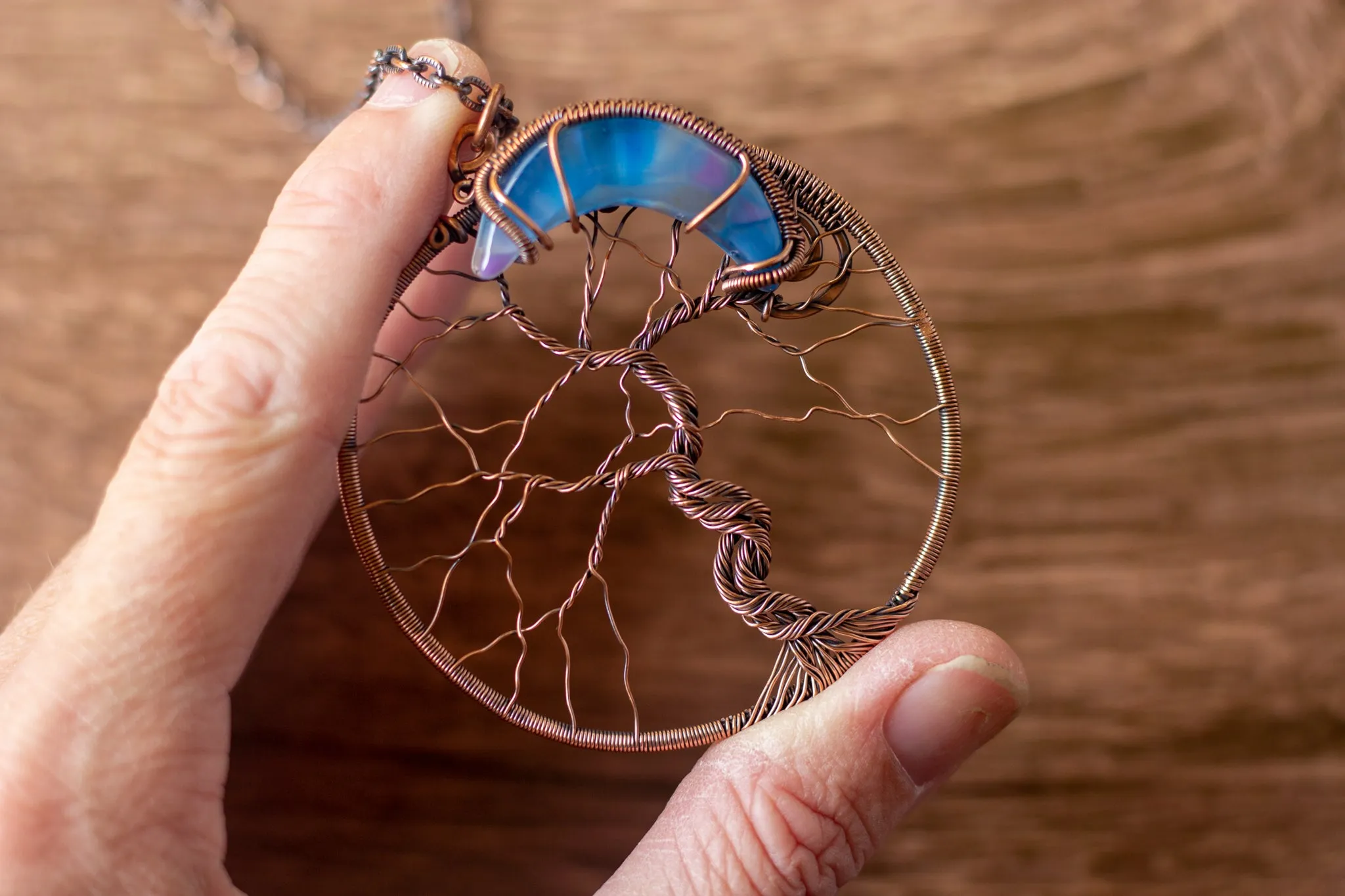 Blue and Purple Moon and Tree Pendant with Copper Wire Wrapping