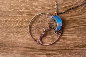 Blue and Purple Moon and Tree Pendant with Copper Wire Wrapping