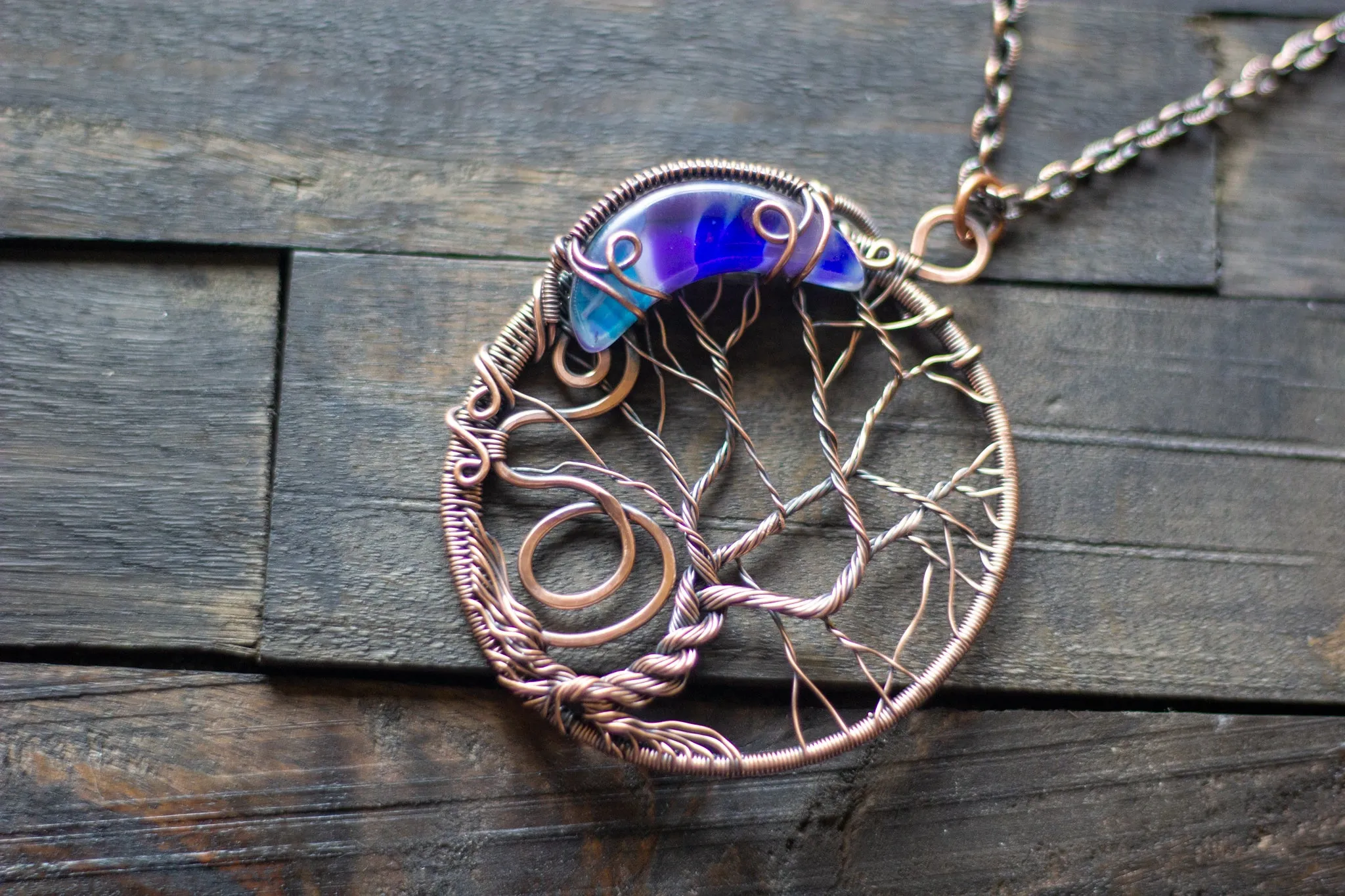 Blue and Purple Moon and Tree Pendant with Copper Wire Wrapping