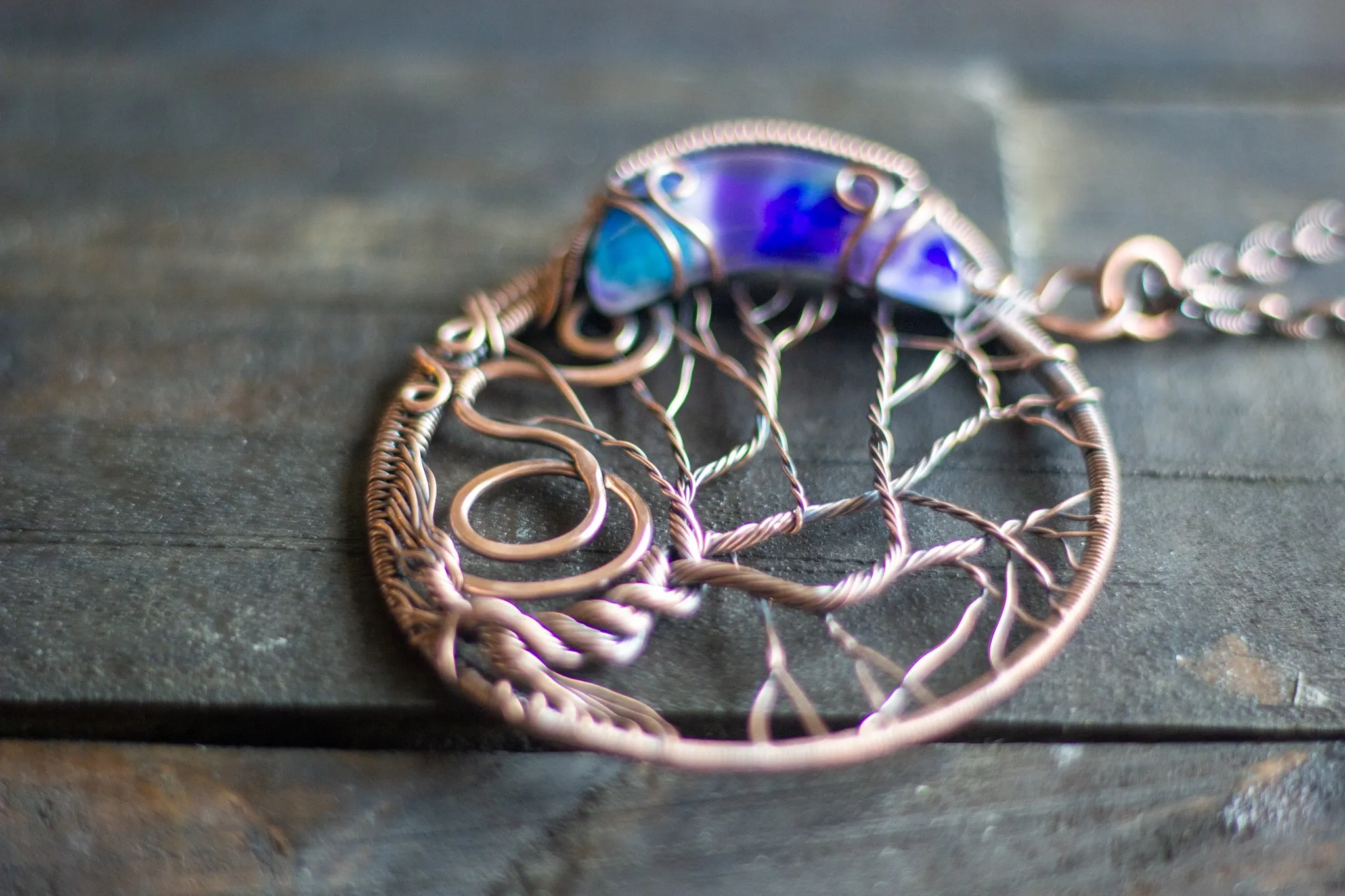 Blue and Purple Moon and Tree Pendant with Copper Wire Wrapping