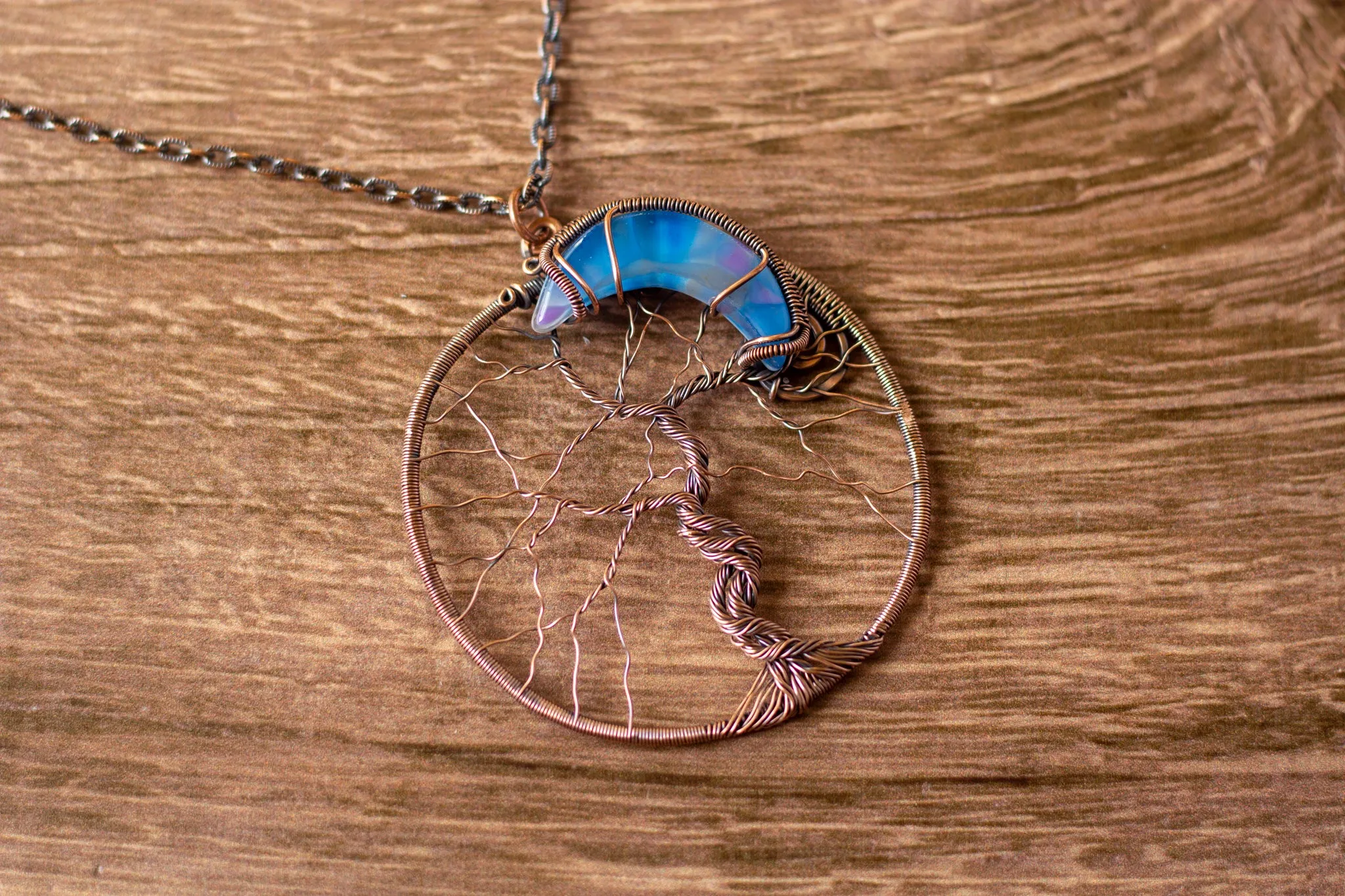 Blue and Purple Moon and Tree Pendant with Copper Wire Wrapping