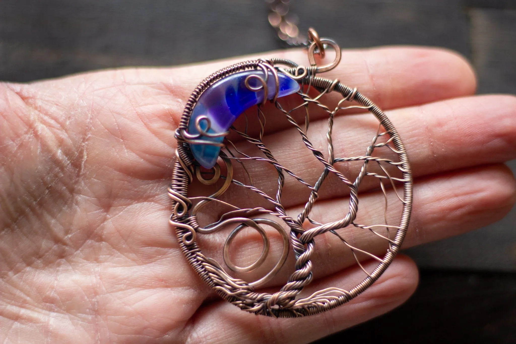 Blue and Purple Moon and Tree Pendant with Copper Wire Wrapping