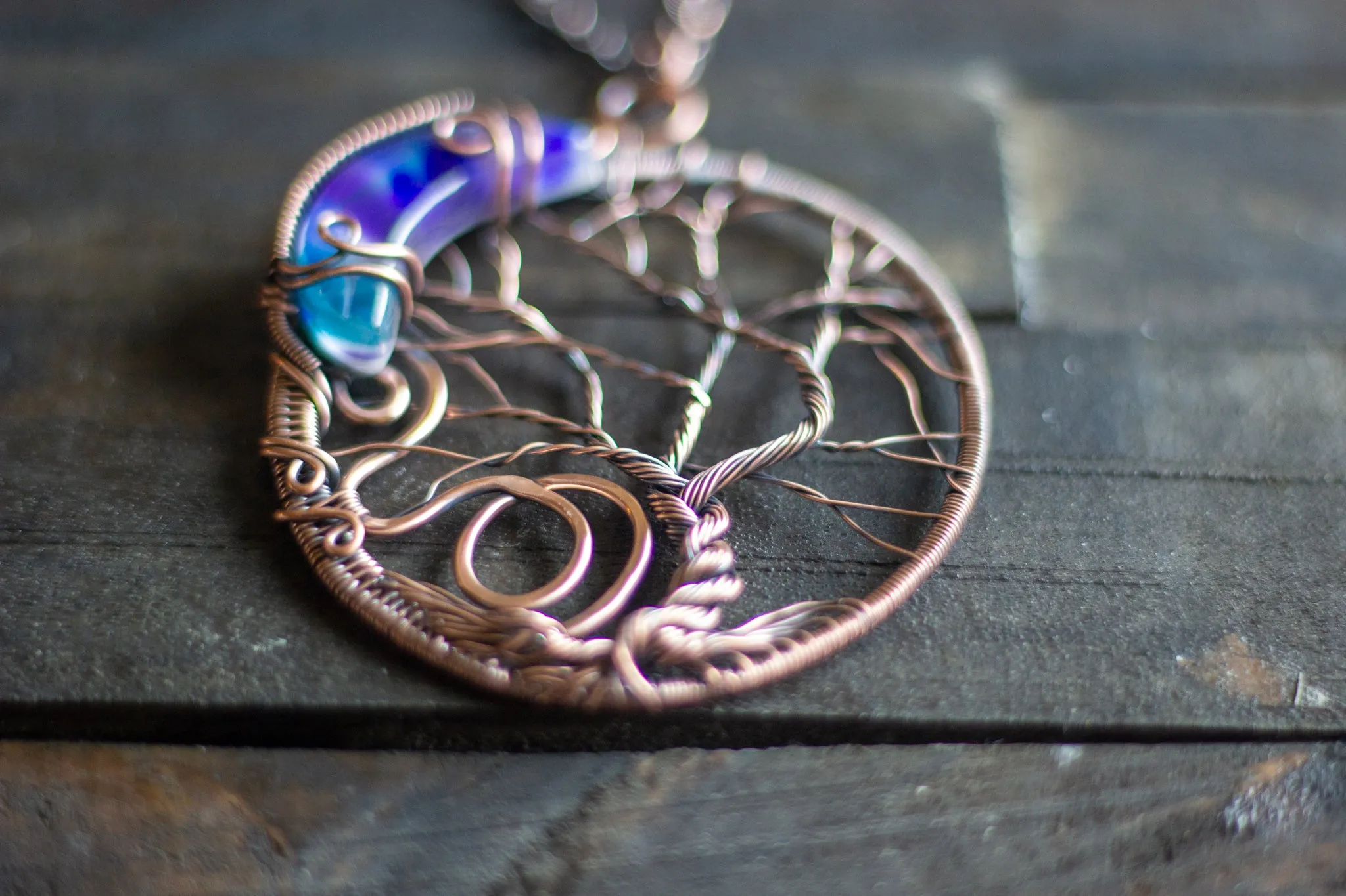 Blue and Purple Moon and Tree Pendant with Copper Wire Wrapping