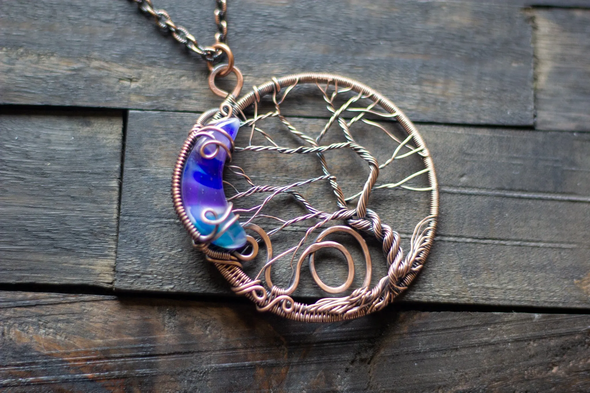 Blue and Purple Moon and Tree Pendant with Copper Wire Wrapping