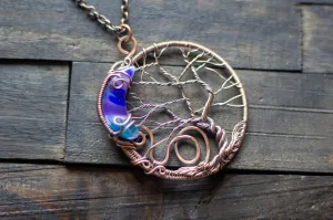 Blue and Purple Moon and Tree Pendant with Copper Wire Wrapping