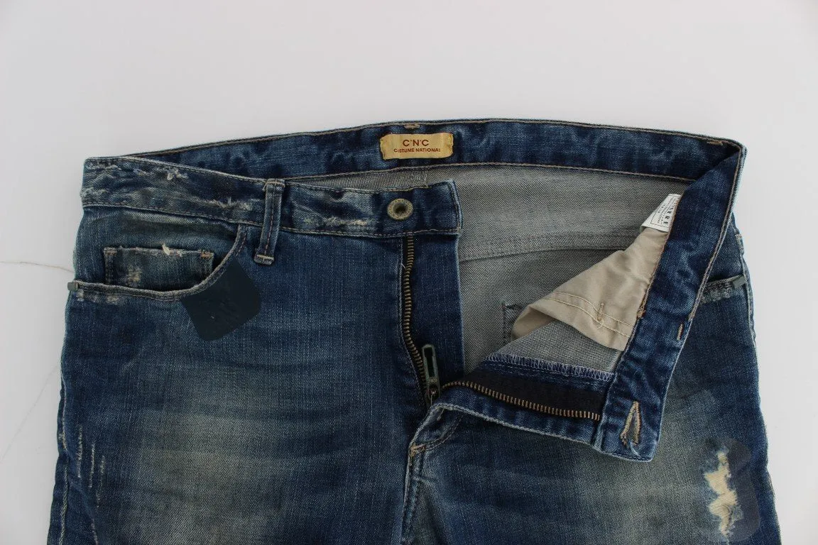 Blue Cotton Blend Straight Fit Jeans