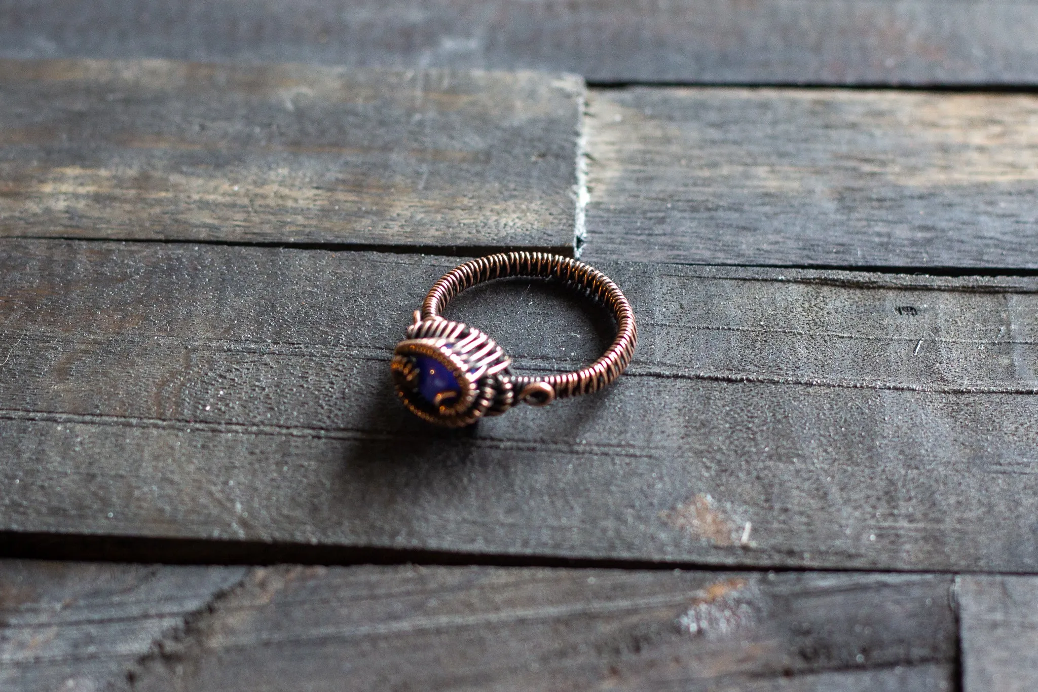 Blue Fused Glass and Copper Wire Wrapped Ring