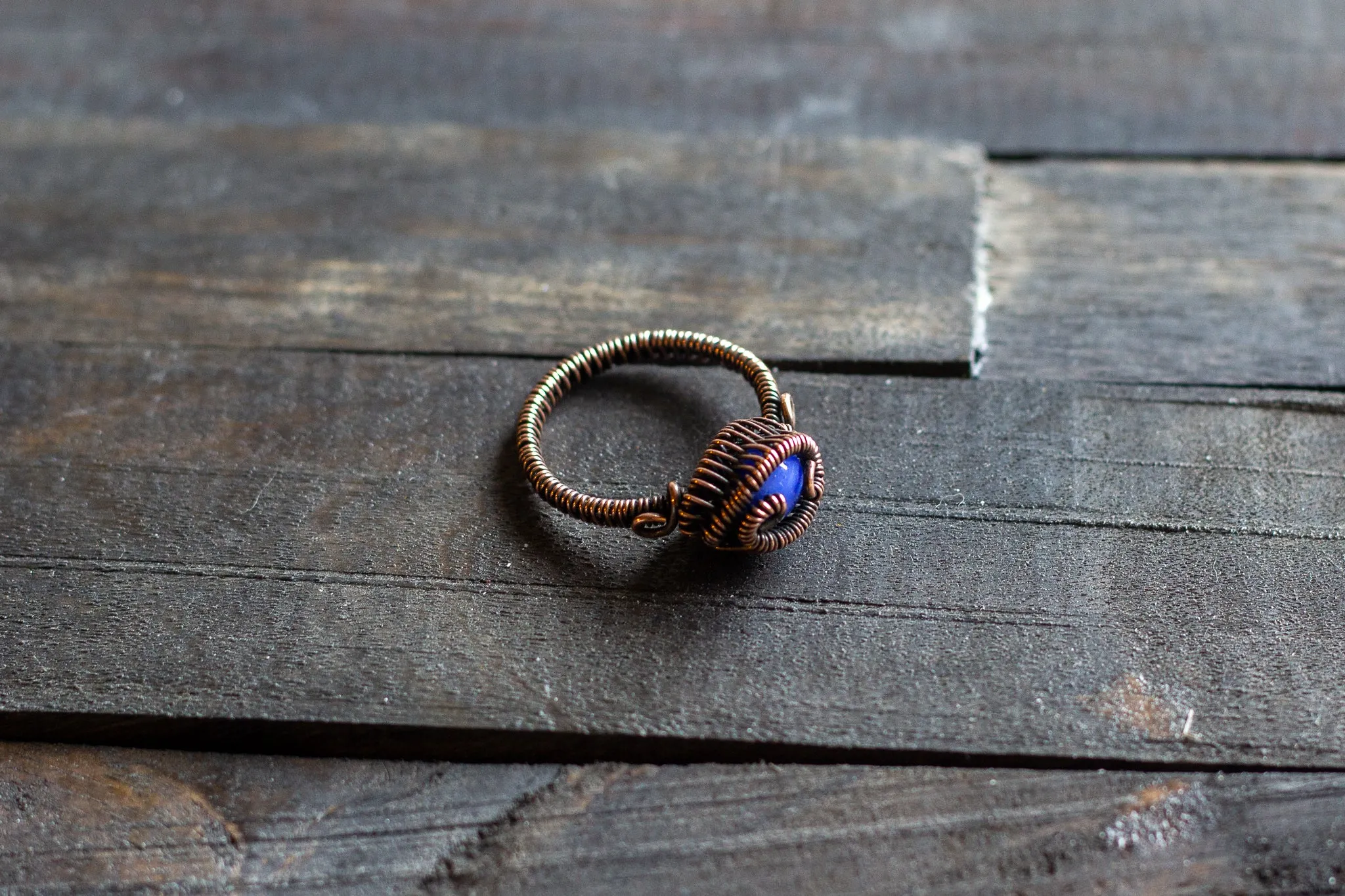 Blue Fused Glass and Copper Wire Wrapped Ring