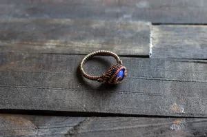 Blue Fused Glass and Copper Wire Wrapped Ring