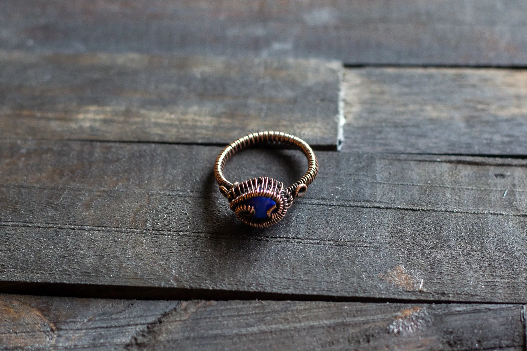 Blue Fused Glass and Copper Wire Wrapped Ring