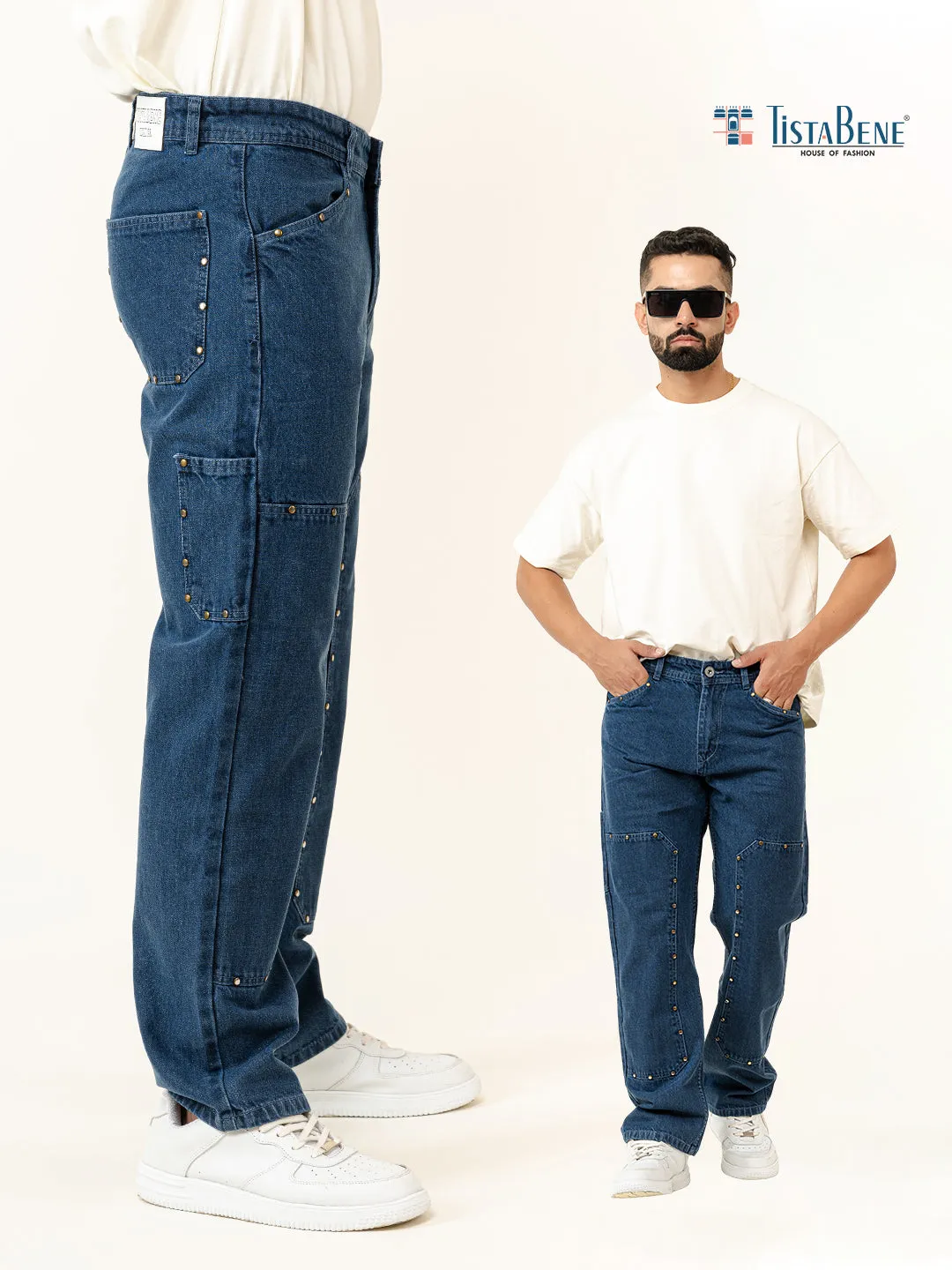 Blue Straight Fit Denim Cargo Men's Jeans