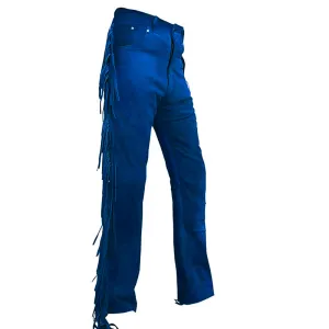 Blue Suede Leather Fringe Pant Jeans Style Women Western Pant WFP501
