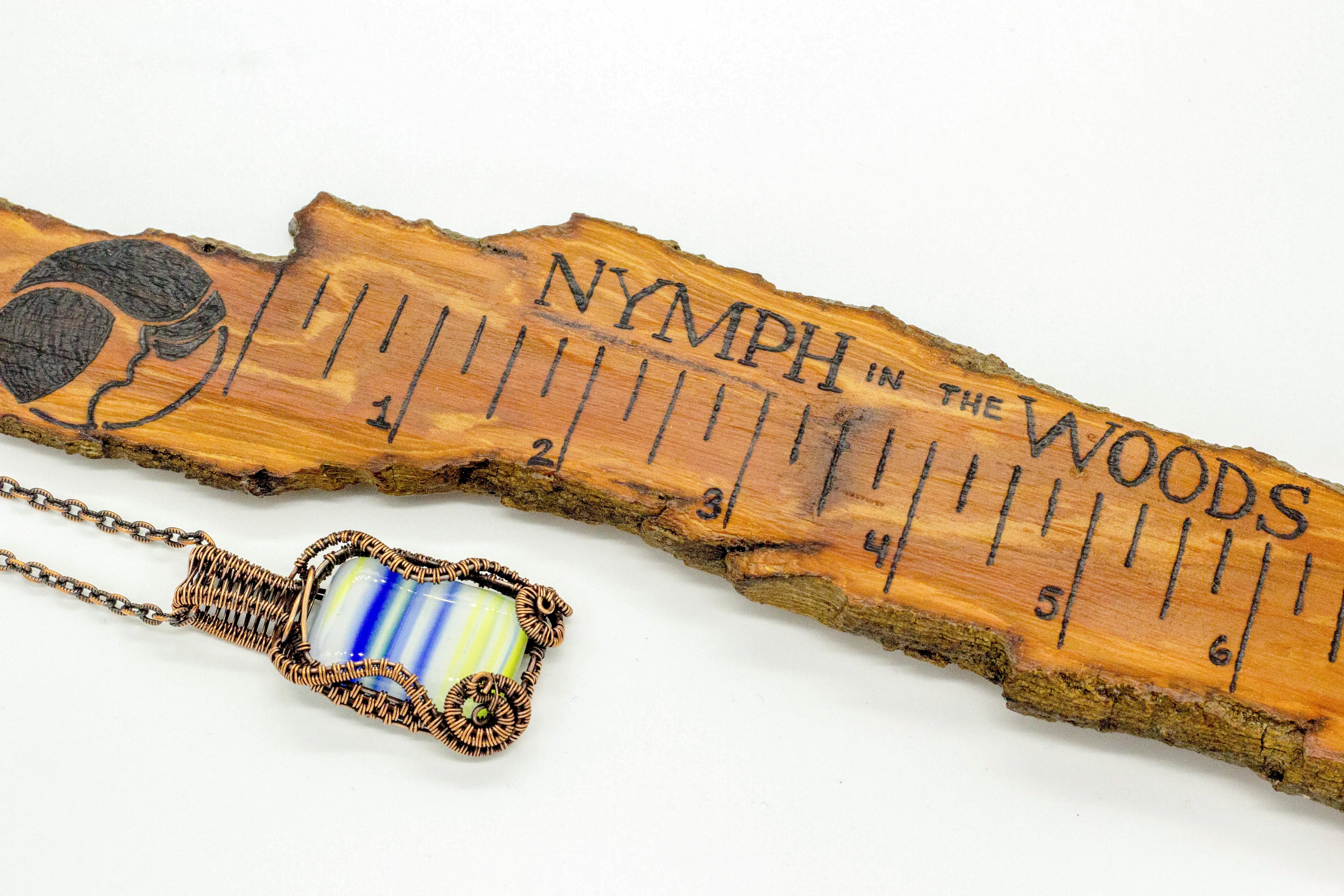 Blue, White, and Yellow Fused Glass Pendant with Copper Wire Wrapping
