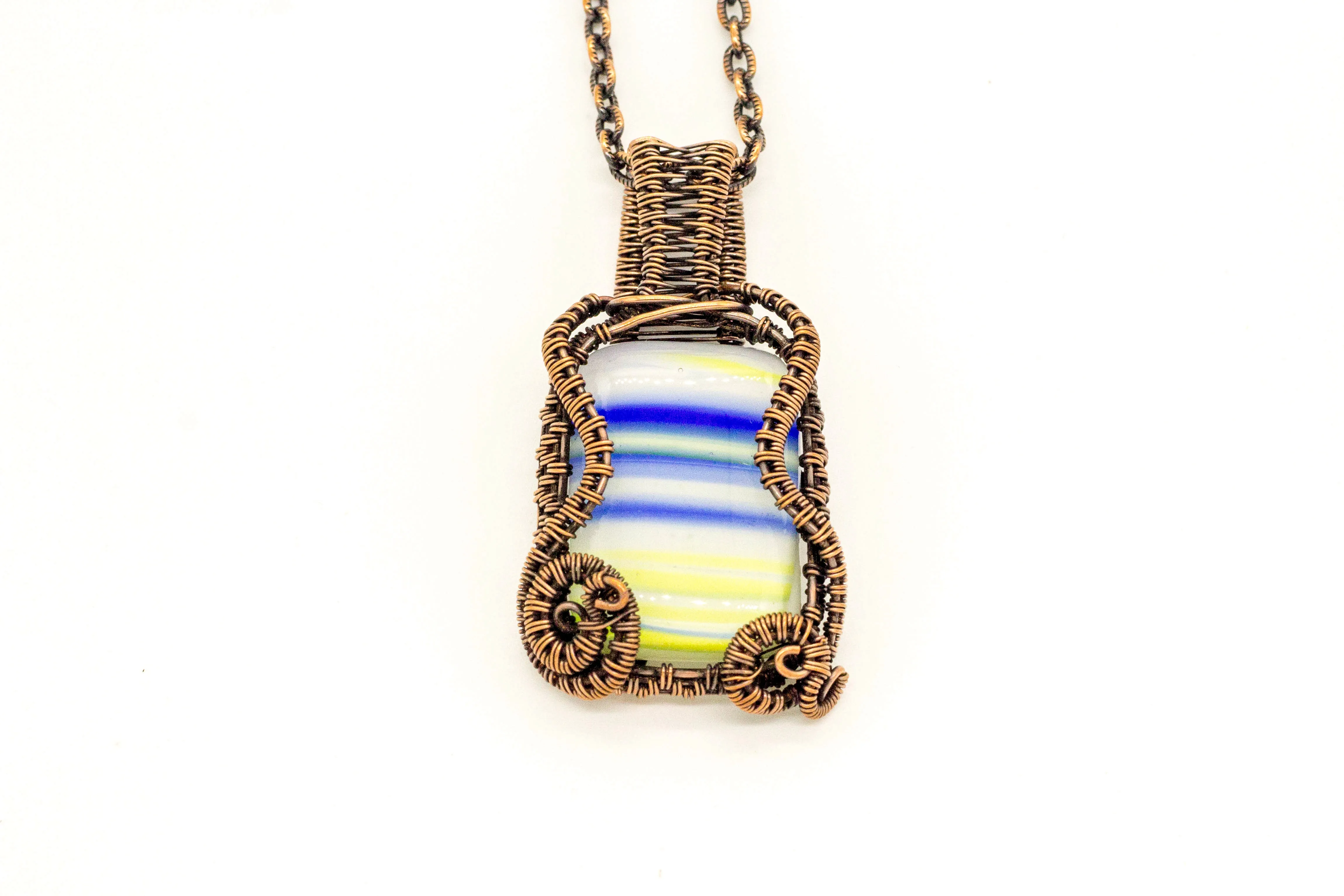 Blue, White, and Yellow Fused Glass Pendant with Copper Wire Wrapping
