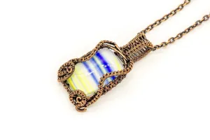 Blue, White, and Yellow Fused Glass Pendant with Copper Wire Wrapping