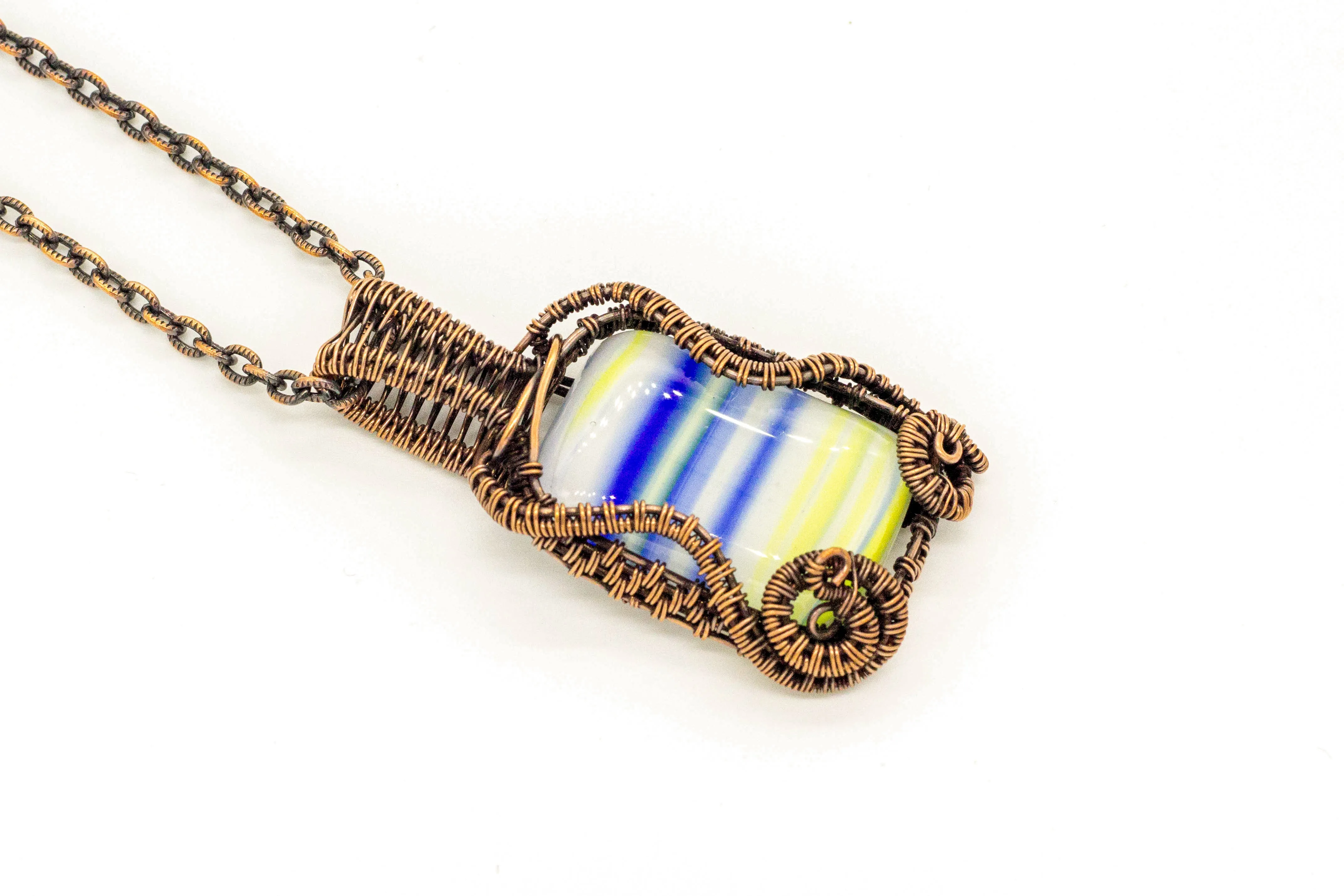 Blue, White, and Yellow Fused Glass Pendant with Copper Wire Wrapping