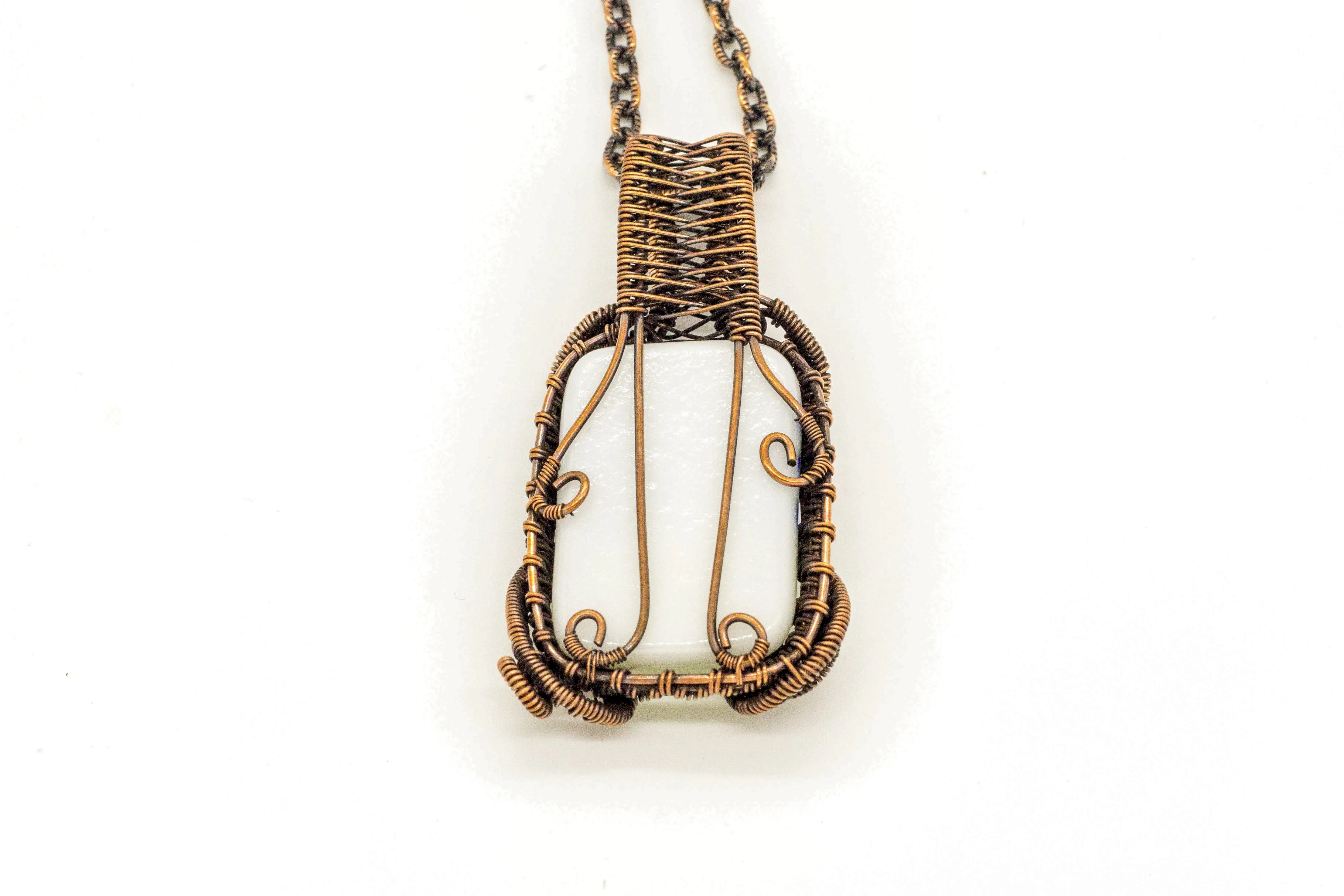 Blue, White, and Yellow Fused Glass Pendant with Copper Wire Wrapping