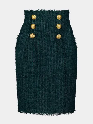 Button-Detail Tweed Pencil Skirt