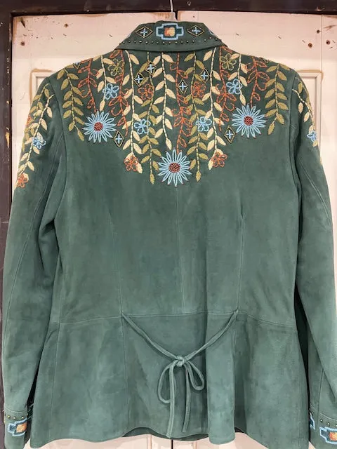 CF19-14 GRN SUEDE JKT W/FLORAL STITCH SHOULDERS-SM