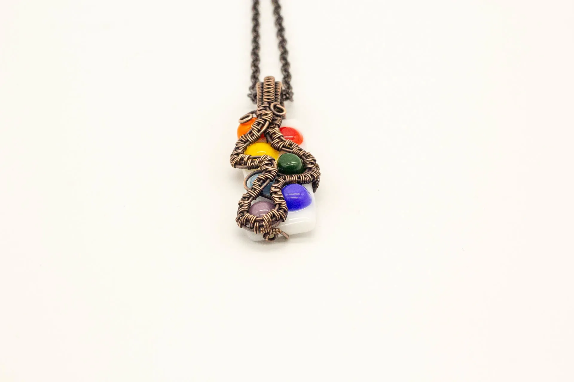 Chakra-Inspired Fused Glass Pendant with Copper Wire Wrapping