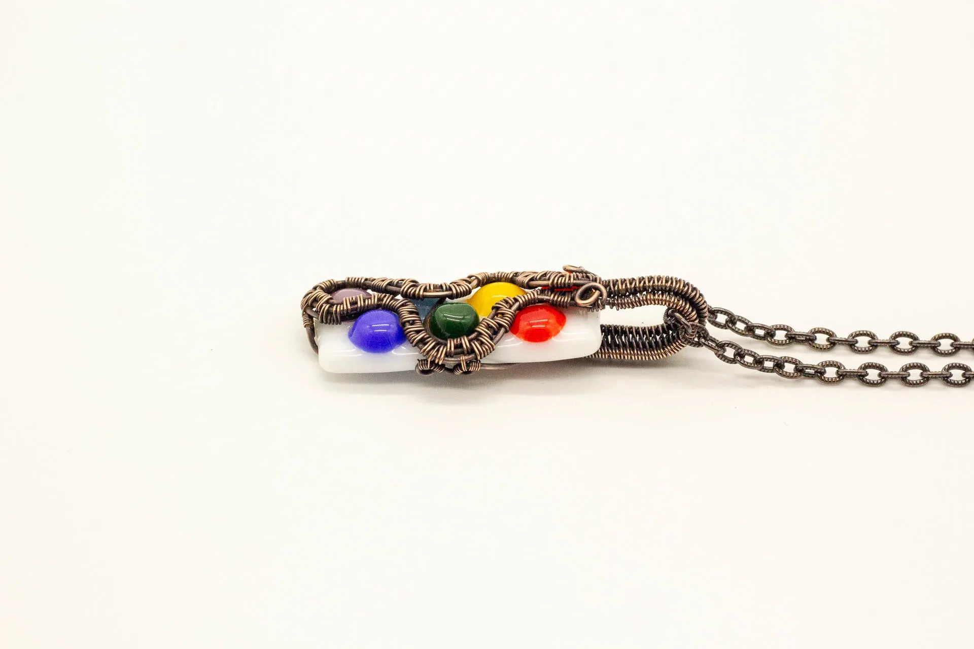 Chakra-Inspired Fused Glass Pendant with Copper Wire Wrapping