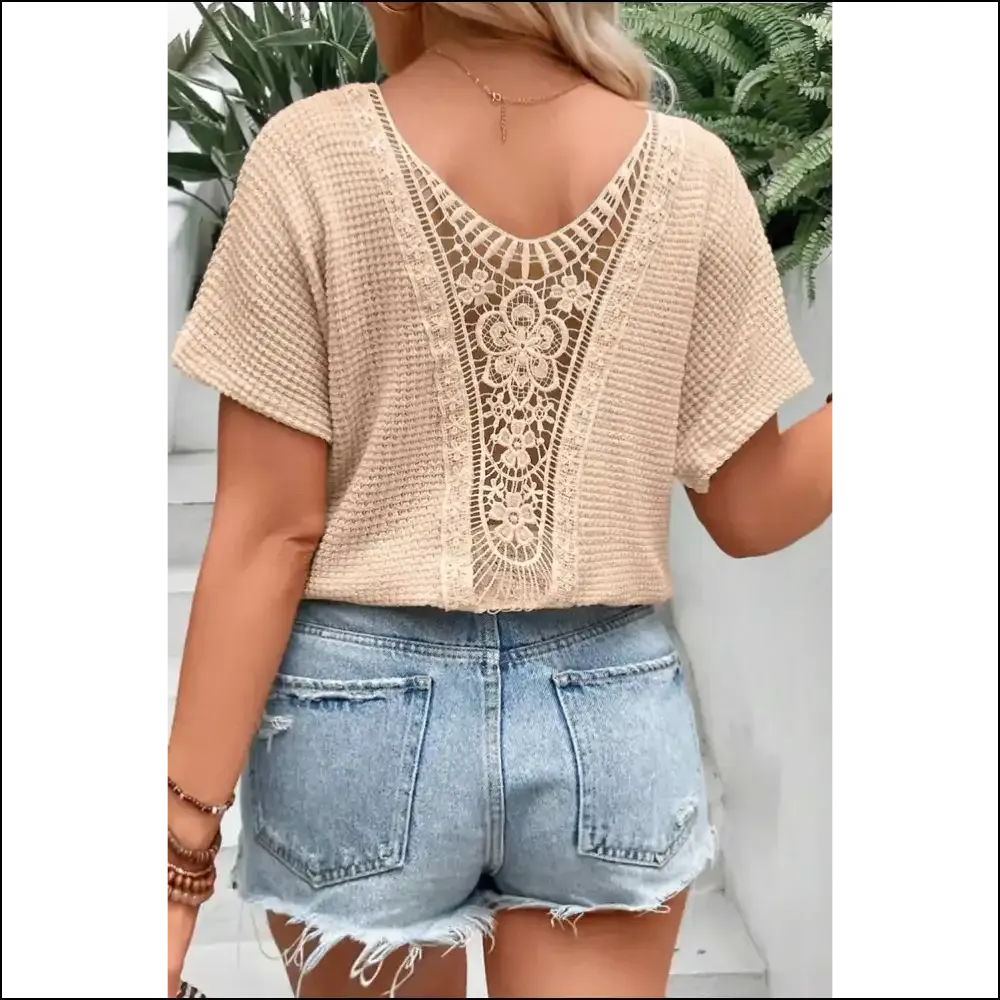Chic Beige Hollowed Lace Applique Wfle Tee: so Comfy ! 💀 Needful Things