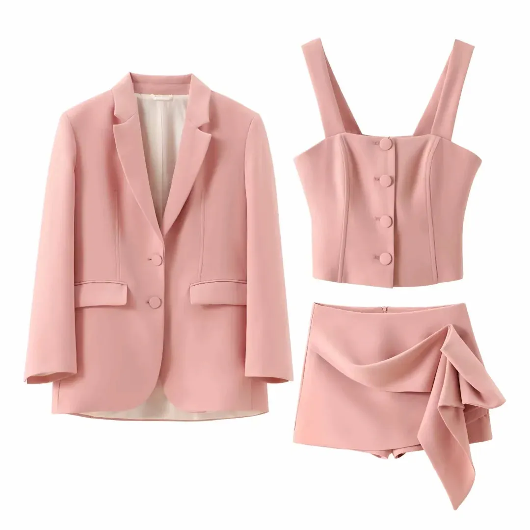 cold weather outfits JazzHer 2024 Spring Summer Solid Office Lady Suits Fashion Shrug Single Breasted Blazers Short Slim Vests Pleat Mini Short Skirts