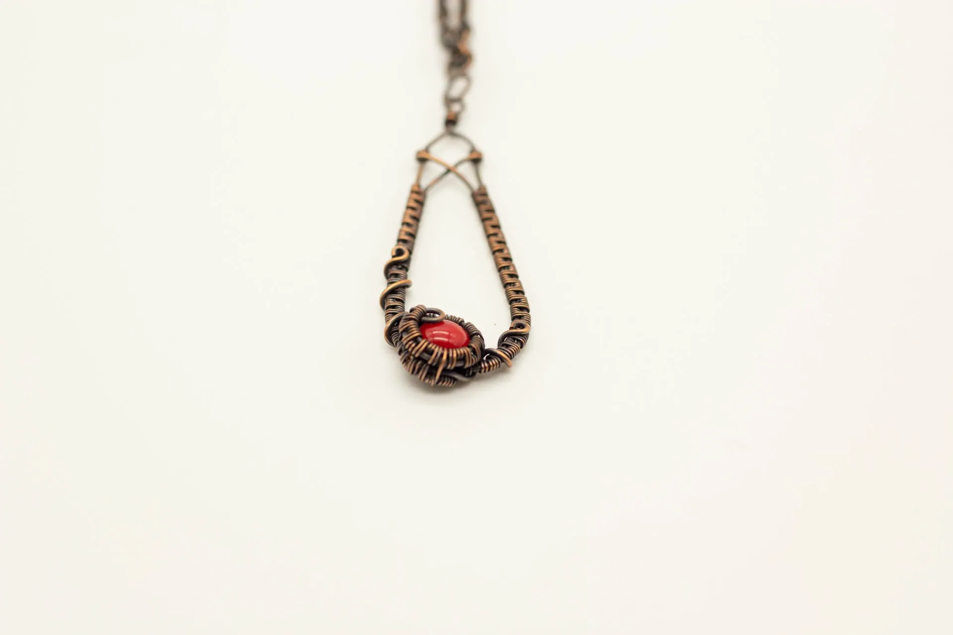 Copper Teardrop Pendant with Bright Red Fused Glass Accent