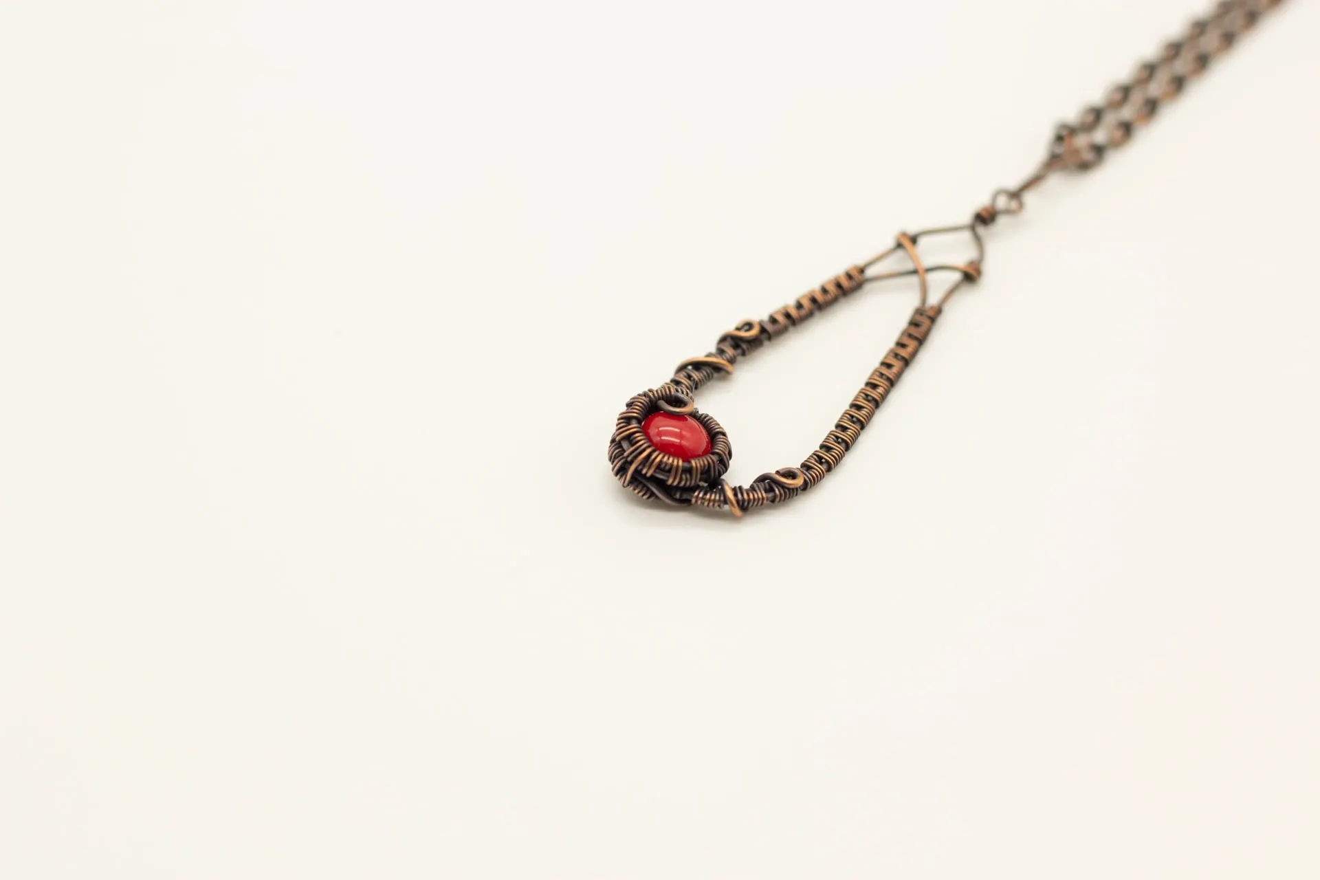 Copper Teardrop Pendant with Bright Red Fused Glass Accent