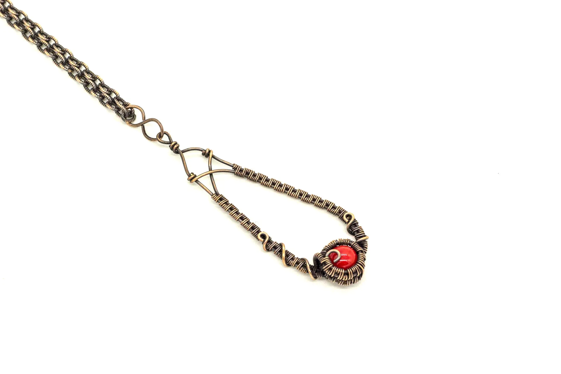 Copper Teardrop Pendant with Bright Red Fused Glass Accent