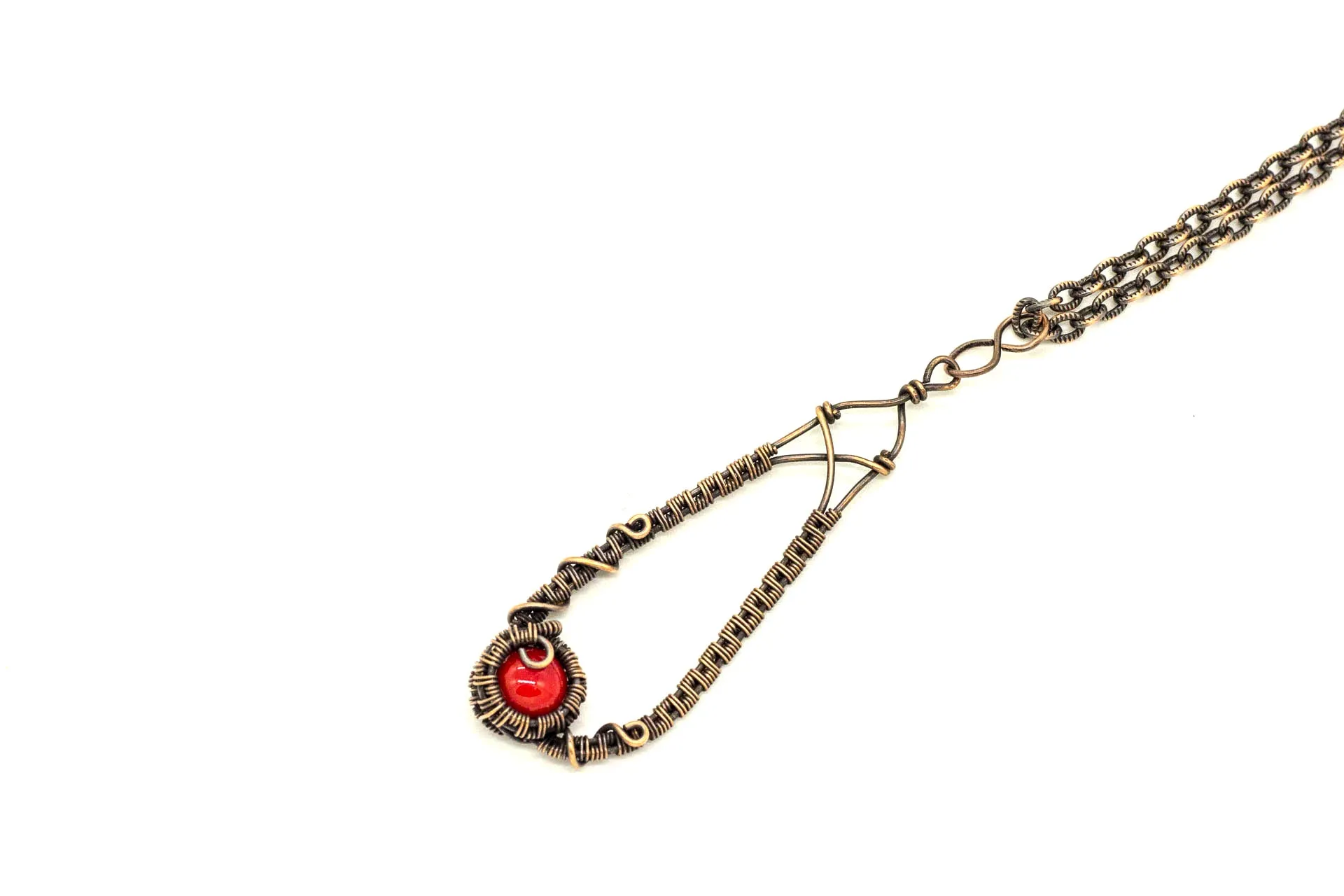 Copper Teardrop Pendant with Bright Red Fused Glass Accent