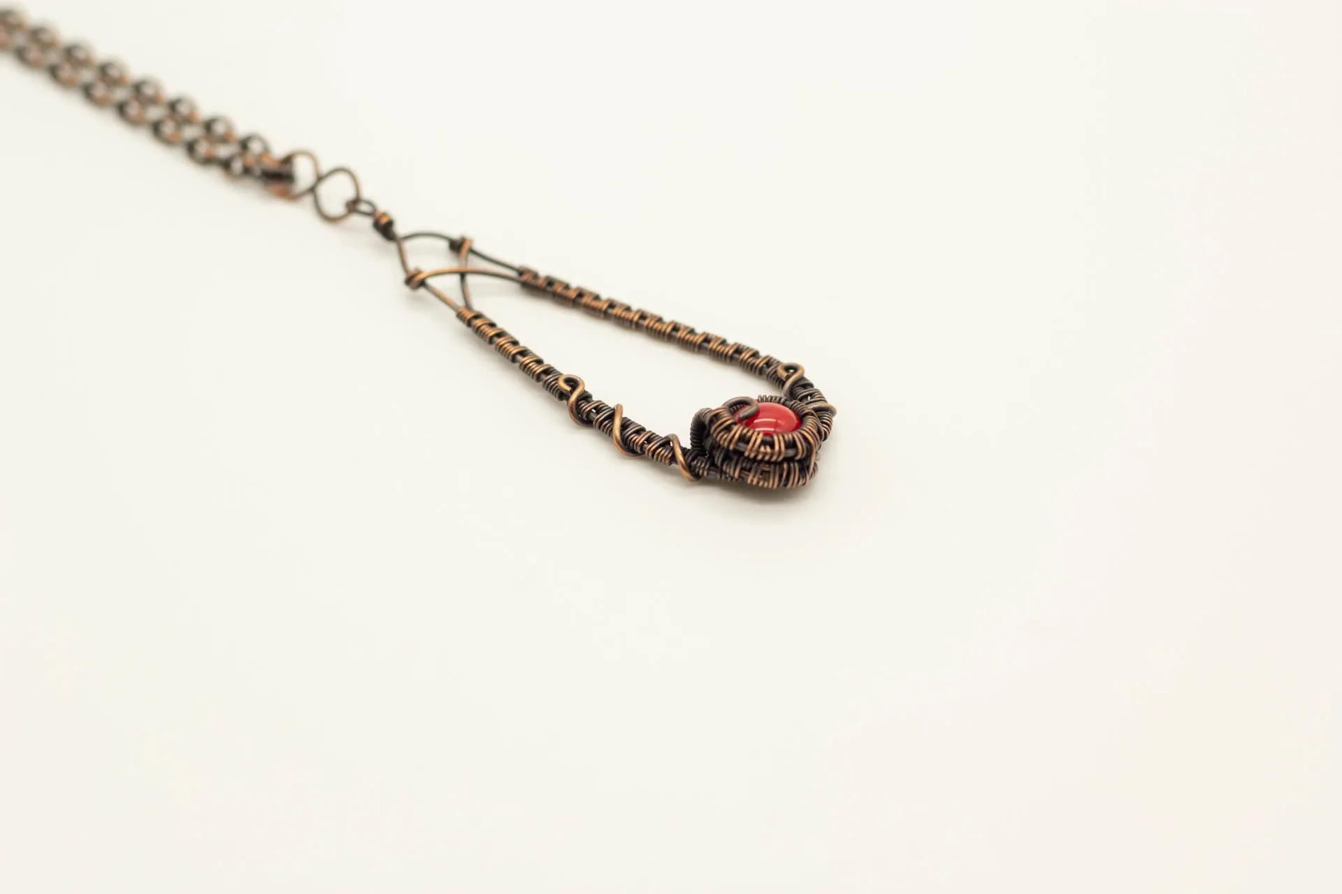 Copper Teardrop Pendant with Bright Red Fused Glass Accent