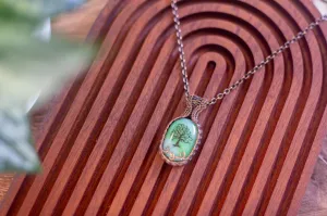 Copper Wire Wrapped Pendant with Tree of Life on Streaked Green Glass