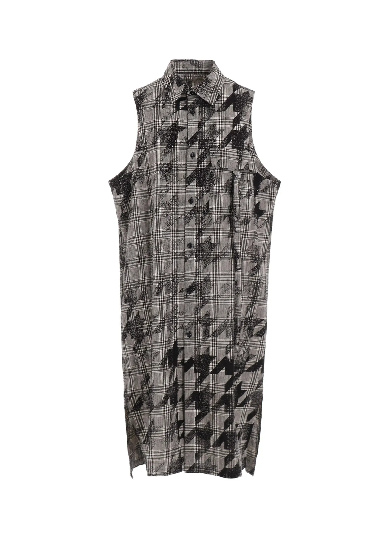 COTTON/LINEN PLAID×BIG HOUNDSTOOTH SLEEVELESS SHIRT DRESS
