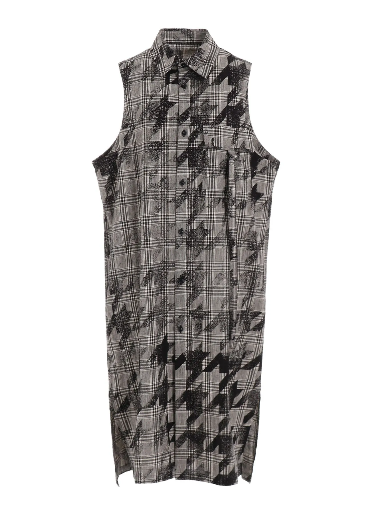 COTTON/LINEN PLAID×BIG HOUNDSTOOTH SLEEVELESS SHIRT DRESS