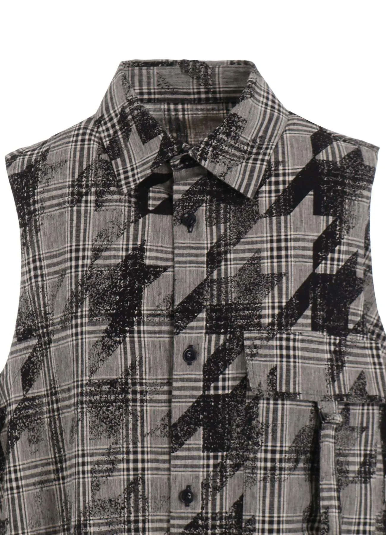 COTTON/LINEN PLAID×BIG HOUNDSTOOTH SLEEVELESS SHIRT DRESS