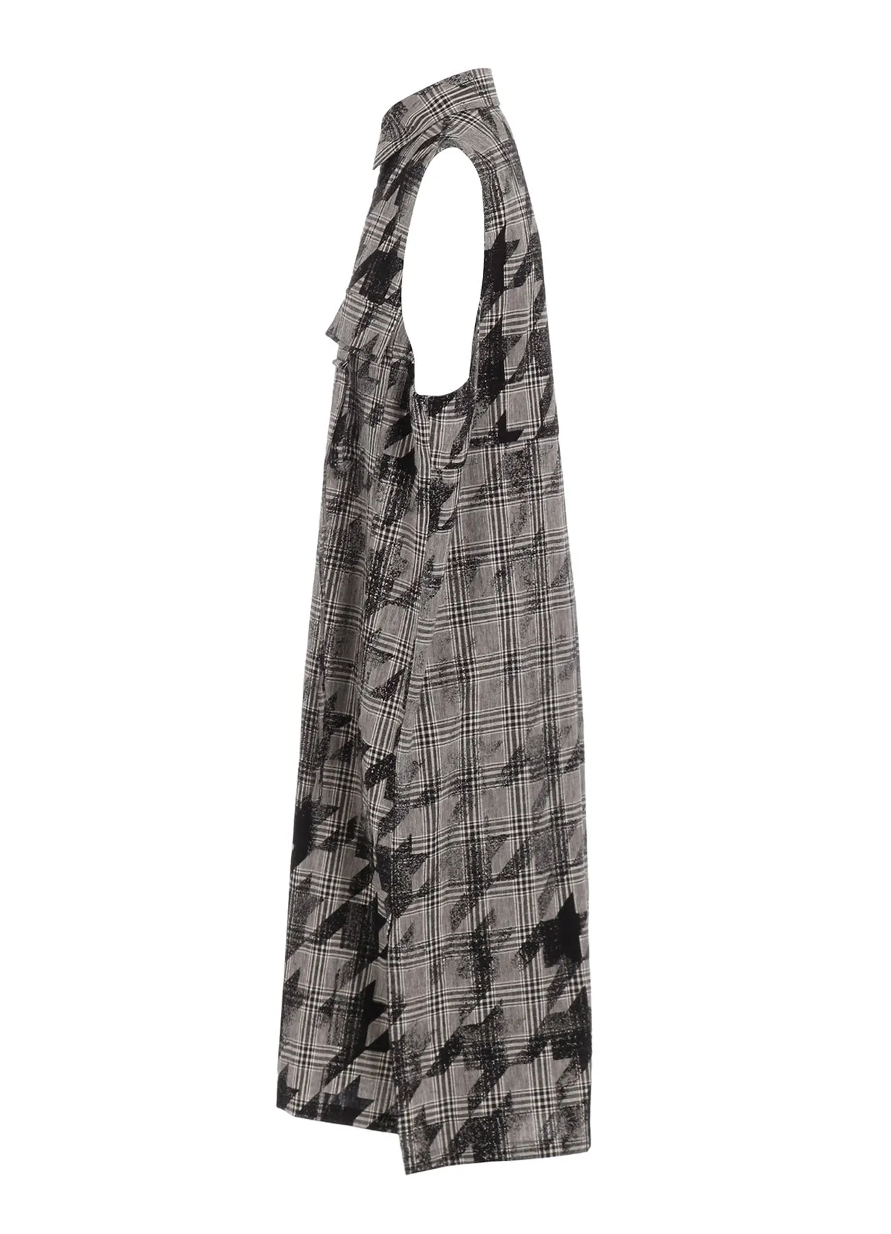 COTTON/LINEN PLAID×BIG HOUNDSTOOTH SLEEVELESS SHIRT DRESS