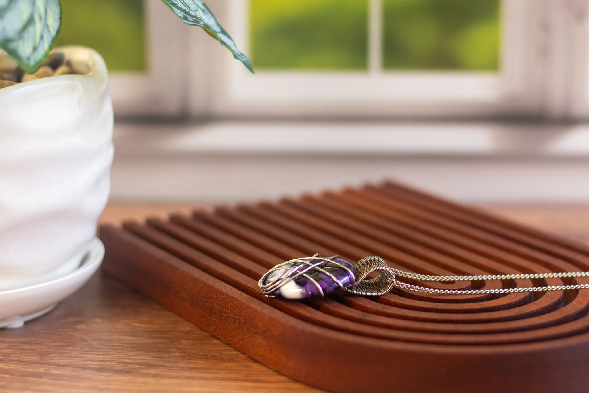 Crisscross Sterling Silver Pendant with Deep Purple and White Fused Glass Cabochon