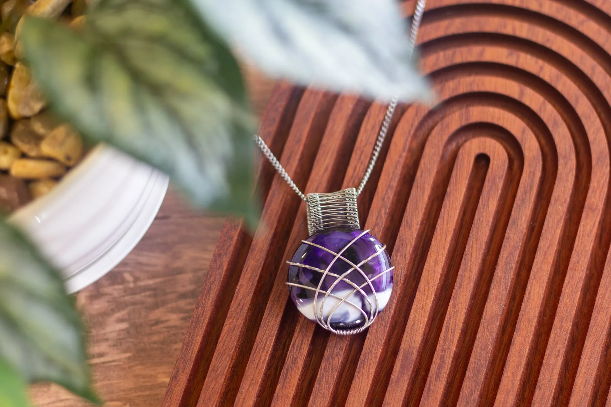 Crisscross Sterling Silver Pendant with Deep Purple and White Fused Glass Cabochon