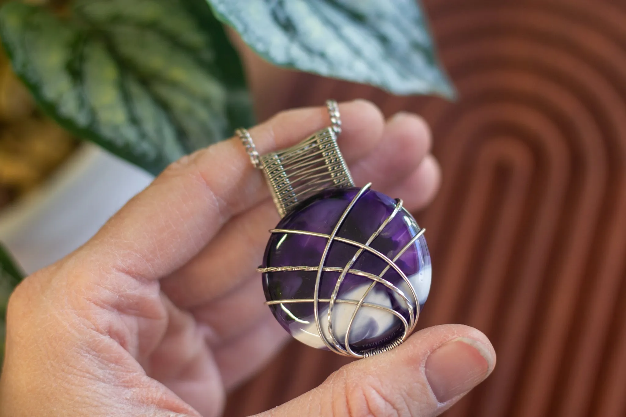 Crisscross Sterling Silver Pendant with Deep Purple and White Fused Glass Cabochon