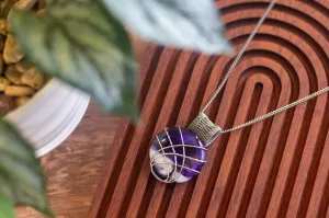 Crisscross Sterling Silver Pendant with Deep Purple and White Fused Glass Cabochon