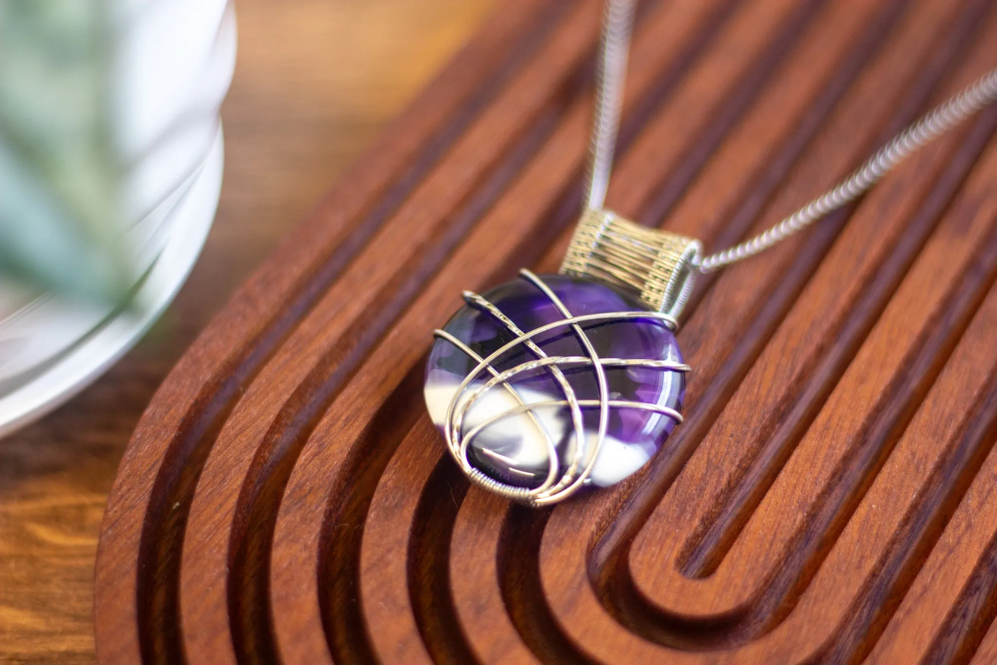 Crisscross Sterling Silver Pendant with Deep Purple and White Fused Glass Cabochon