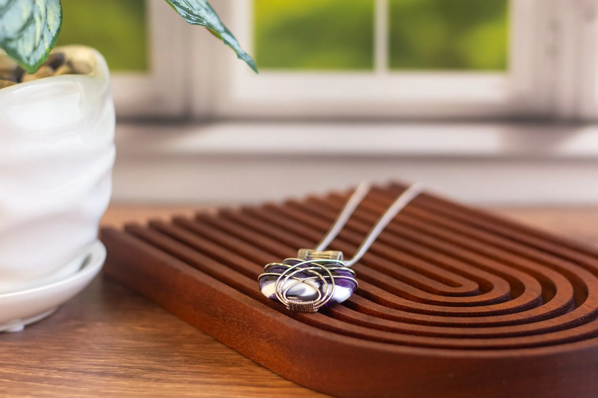 Crisscross Sterling Silver Pendant with Deep Purple and White Fused Glass Cabochon